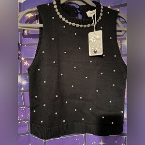 NWT Black Pearl & Rhinestone Embellished Knit Top- Medium